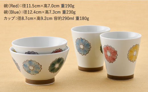 【波佐見焼】フラワー くらわんか 茶碗・カップ 各2色 計4点セット【新生和】 [DE12]