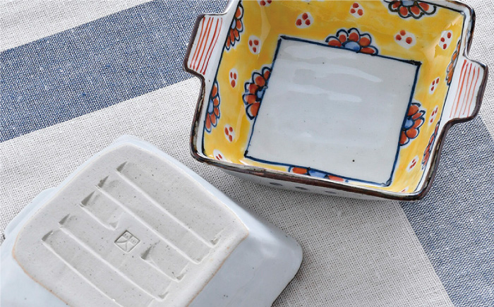 【波佐見焼】赤花黄ダミ 取っ手付き角小鉢 2点セット【大桂工房】 [GD33] GD33