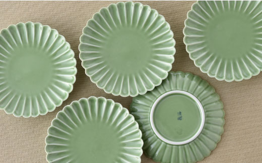 【波佐見焼】菊型 中皿 プレート  5枚セット（緑）【洸琳窯】 [GE20]