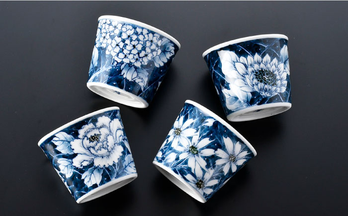 【波佐見焼】花絵染付 そばちょこ 4点セット【青以窯】 [HD06]