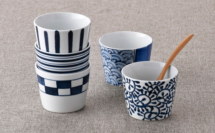 【波佐見焼】そばちょこ・ボウル ネイビー ホワイト オリジナルセット 10点【福田陶器店/西日本陶器】 [NB146]