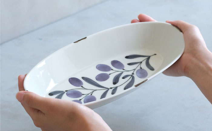 【波佐見焼】olive デリカプレート 29.5×13cm パスタ皿 緑・紫 2点セット【西海陶器】 [OA384]