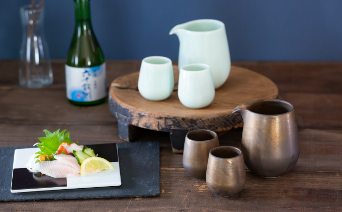 【波佐見焼】　青磁 半酒器 3点セット　【西海陶器】 [OA428]