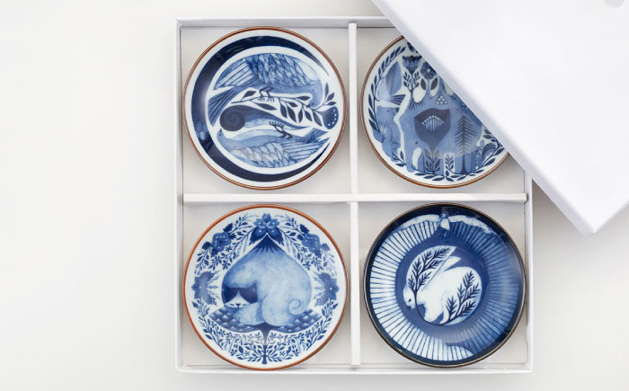 【波佐見焼】福田利之 豆皿(四文字熟語モチーフ）4点セット【西海陶器】 [OA528]