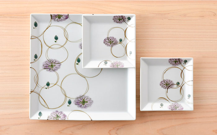 【波佐見焼】丸紋フラワー 角盛皿＆角銘々皿 角皿 3枚セット【陶豊】 [OE21]