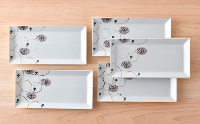 【波佐見焼】丸紋 フラワー 長角皿 5枚セット【陶豊】 [OE22]