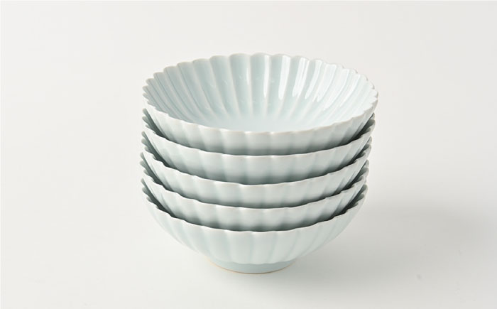 【波佐見焼】菊彫 青白釉 取鉢 (中) ボウル 5個セット【福田陶器店】 [PA217]