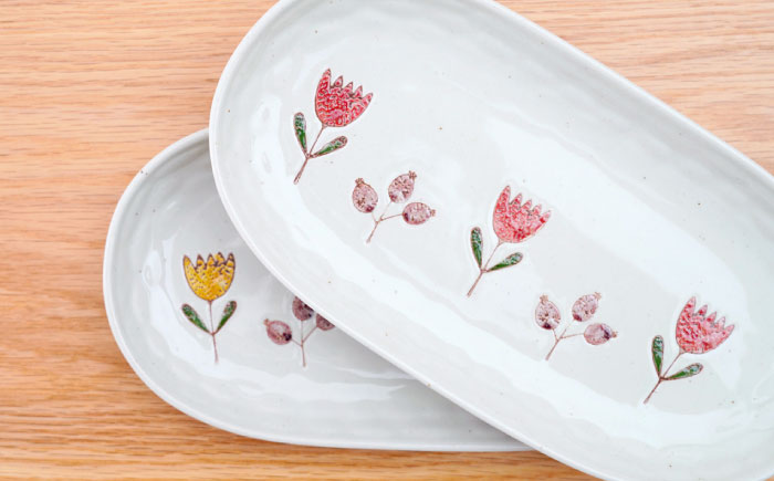 【波佐見焼】軽々楕円皿 チューリップ 2色セット【団陶器】 [PB231]