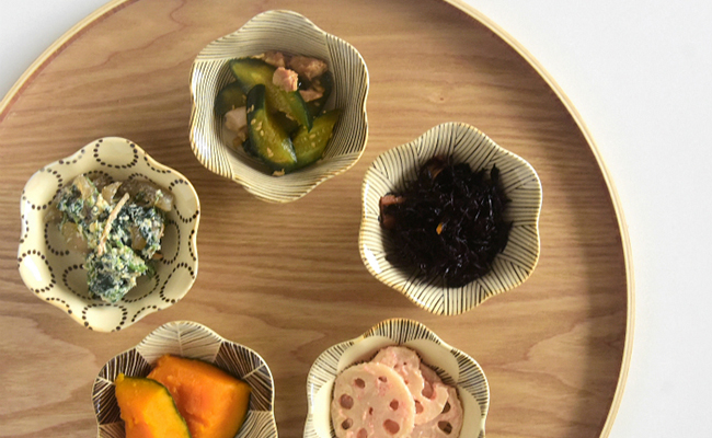 【波佐見焼】粉引釉 六方押小付 5個セット 十草／羽根／円／花／糸【natural69】 [QA136]