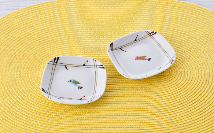 【波佐見焼】ことりの森 茶碗・角豆皿 4点セット【まるしん】 [WD45]