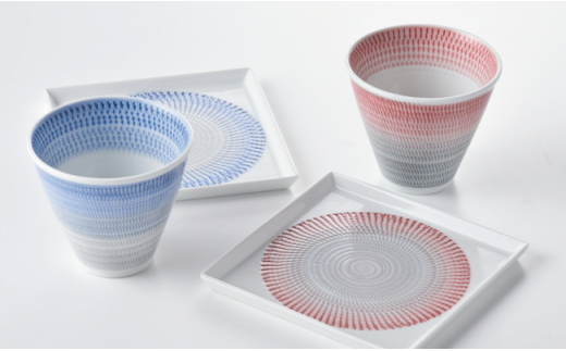 【波佐見焼】富士碗 富士カップ 色染飛カンナスクエア皿 茶碗 カップ プレート ペアセット【一真窯】 [BB07]