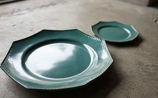 【波佐見焼】緑青釉オクトゴナル皿（大・小）各2枚セット 大皿　小皿 取り皿【吉田健宗】 [RB07]