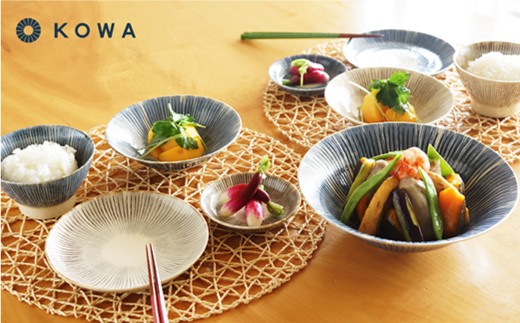 【波佐見焼】十草彫り（とくさぼり）フル12点セット （青・茶）  大鉢 ・ 小鉢 ・ 茶碗 ・ 湯呑 ・ 取皿 ・ 小皿 【光和陶器】 [SC11]