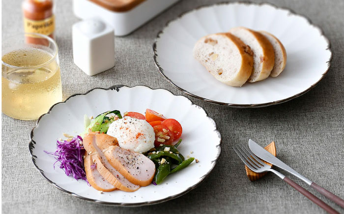 【波佐見焼】RINKA 21.5cmプレート 渕錆ホワイト 2枚セット 食器 皿【長十郎窯】 [AE67]