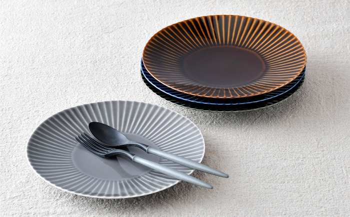 【波佐見焼】しのぎ 大皿4枚セット(瑠璃・グレー・アメ・緑) 食器 プレート【一龍陶苑】 [CC80]