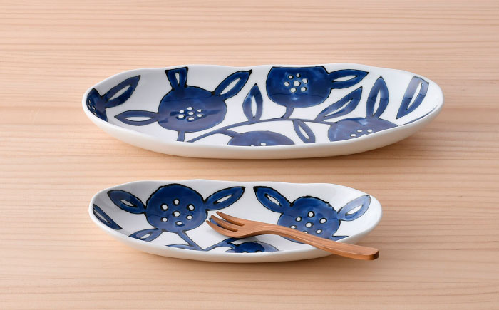 【波佐見焼】愛花柄　楕円皿 大・小 セット 【大新窯】 [DC166]