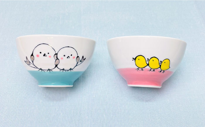 【波佐見焼】シマエナガ 茶碗 ペアセット ブルー・ピンク【大新窯】 [DC189]