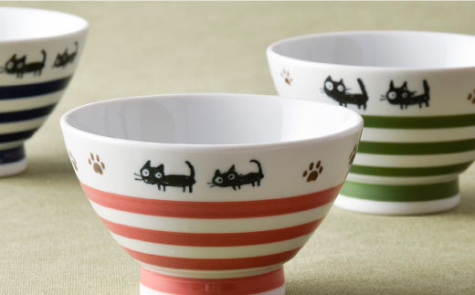 【波佐見焼】ボーダーキャット くらわんか 茶碗・カップ 各3色 計6点セット【新生和】 [DE13]