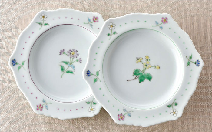 【波佐見焼】小花紋 六角リム プレート 二枚組【藍水】 [GB26]