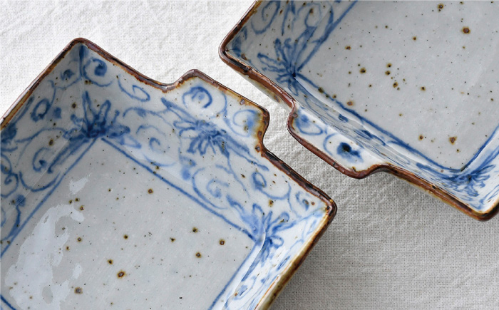 【波佐見焼】染花唐草 取っ手付き角小鉢 2点セット【大桂工房】 [GD32] GD32