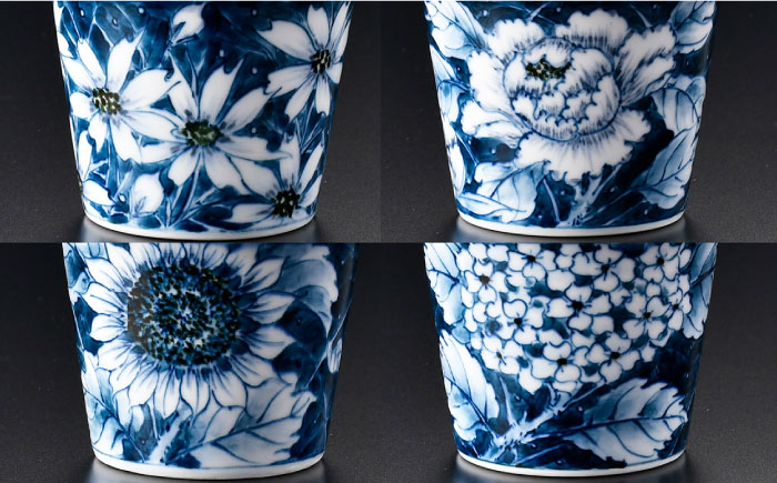 【波佐見焼】花絵染付 そばちょこ 4点セット【青以窯】 [HD06]