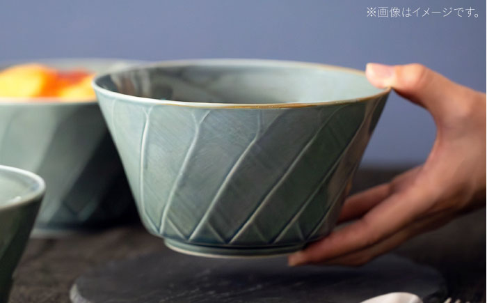 【波佐見焼】彫刻紋 藍墨 ボウル 大〈斜め彫〉3点セット【西海陶器】 [OA525]