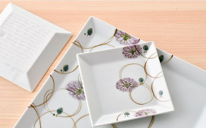 【波佐見焼】丸紋フラワー 角盛皿＆角銘々皿 角皿 3枚セット【陶豊】 [OE21]