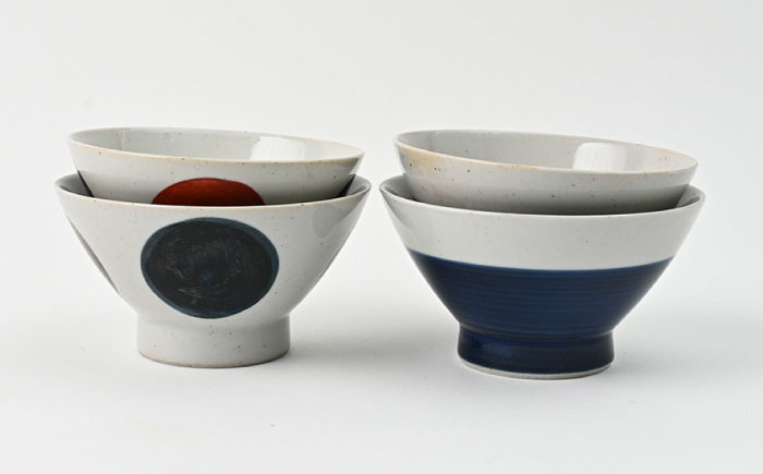 【波佐見焼】大人気！ くらわんか碗 半青・半赤・青丸・赤丸 4点セット お茶碗【福田陶器店】 [PA424]