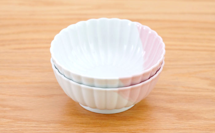 【波佐見焼】花しのぎ 小鉢 ハーフカラー ピンク 2点セット【団陶器】 [PB203]