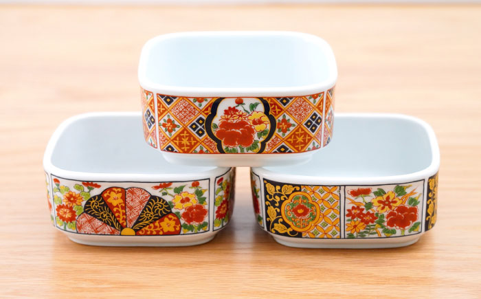 【波佐見焼】角パック 古伊万里絵変り 3柄セット 扇牡丹・格子牡丹・木甲牡丹【団陶器】 [PB221]