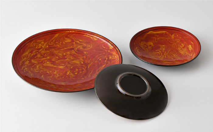 【波佐見焼】深皿 レッドマーブル 25.5cm 1枚・17cm 2枚セット 取り皿 小皿 大皿 【舘山堂】 [RC22]