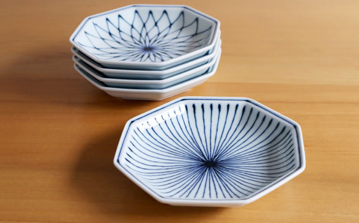 【白山陶器】【染付地紋】八角取皿 5柄セット【波佐見焼】 [TA171]