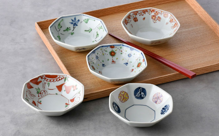 【波佐見焼】八角小皿 5柄セット 丸紋・花グリーン唐草・ヨーラク・万歴・花散らし【一夢窯】 [XE13]