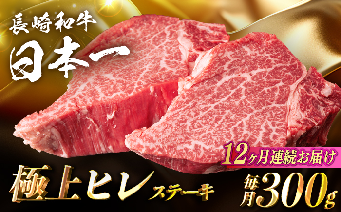 【12回定期便】【日本一の赤身肉】ヒレ ステーキ 長崎和牛（300g/回）【肉のマルシン】 [FG34] 肉 牛肉 赤身 ヒレ ステーキ 焼肉 定期便