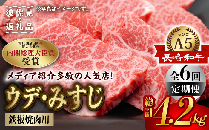 【全6回定期便】【A5ランク 希少部位】長崎和牛 ミスジ （ウデ肉） 焼肉用 スライス 700g【肉のあいかわ】 BBQ バーベキュー キャンプ 焼肉 贈答 ギフト 贈り物 お中元 [NA97]