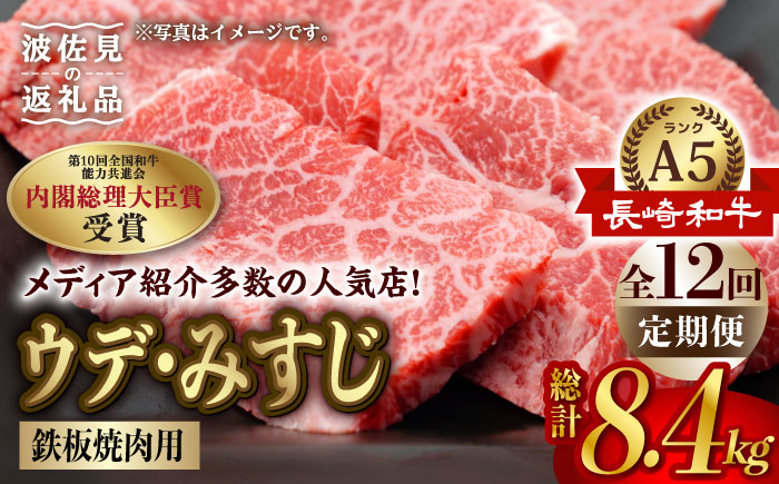 【全12回定期便】【A5ランク 希少部位】長崎和牛 ミスジ （ウデ肉） 焼肉用 スライス 700g【肉のあいかわ】 BBQ バーベキュー キャンプ 焼肉 贈答 ギフト お中元 [NA98]
