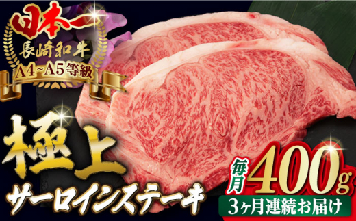 [全3回定期便]サーロイン ステーキ 2枚 400g 長崎和牛 A4?A5ランク[野中精肉店] [VF19] 肉 牛肉 サーロインステーキ 焼肉 定期便