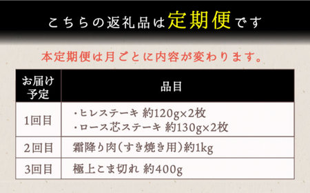 【3回定期便】 黒毛和牛 長崎和牛 お楽しみコース（ ヒレステーキ  / ロース芯ステーキ / 霜降り肉 / 極上 こま切れ ）《小値賀町》【深佐屋】  肉 和牛 贅沢 ヒレ ロース 切り落とし ステーキ すき焼き しゃぶしゃぶ  [DBK031]