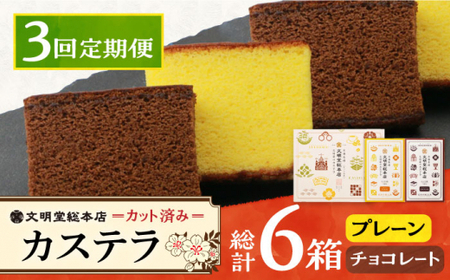 【3回定期便】カット包装カステラ　2箱入（プレーン・チョコレート） ≪小値賀町≫ 【株式会社文明堂総本店】 カステラ かすてら 菓子 お菓子 和菓子 常温  [DBF016]