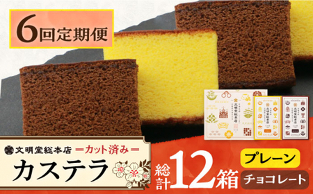 【6回定期便】カット包装カステラ　2箱入（プレーン・チョコレート） ≪小値賀町≫ 【株式会社文明堂総本店】 カステラ かすてら 菓子 お菓子 和菓子 常温  [DBF017]