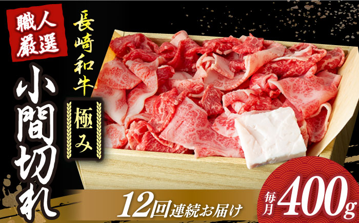 【12回定期便】【肉本来のうまみと甘みを堪能】 長崎和牛 こま切れ 極み 約400g 【深佐屋】こま切れ・小間切れ  [DBK030]