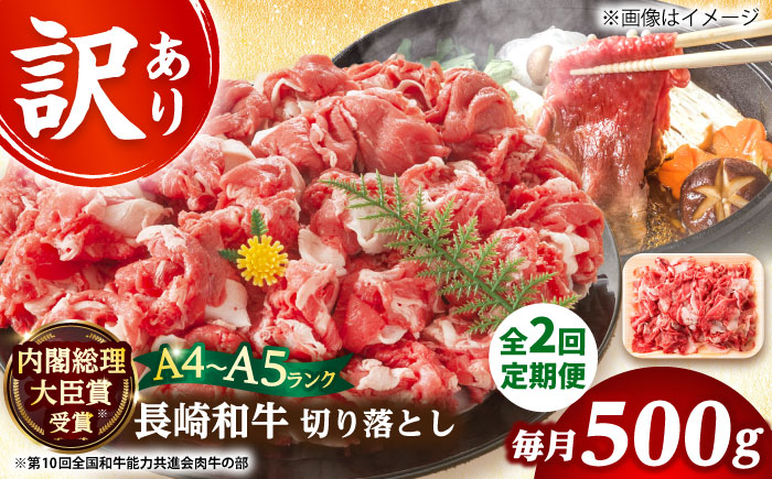 【全2回定期便】【訳あり】【A4～A5】長崎和牛焼肉切り落とし(肩ロース・バラ）　500g【株式会社 MEAT PLUS】  [DBS041]