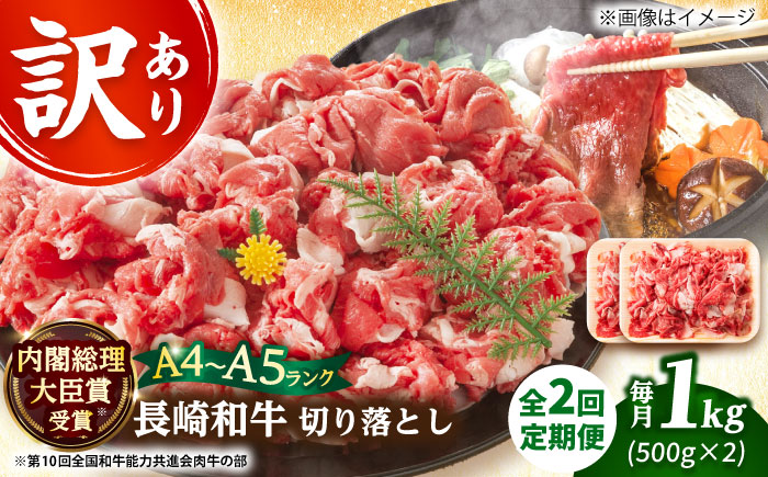 【全2回定期便】【訳あり】【A4～A5】長崎和牛焼肉切り落とし(肩ロース・バラ）　1kg（500g×2p）【株式会社 MEAT PLUS】  [DBS045]