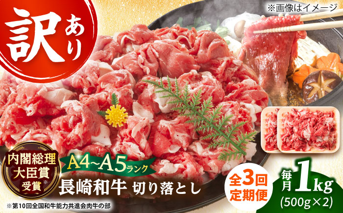 【全3回定期便】【訳あり】【A4～A5】長崎和牛焼肉切り落とし(肩ロース・バラ）　1kg（500g×2p）【株式会社 MEAT PLUS】  [DBS046]