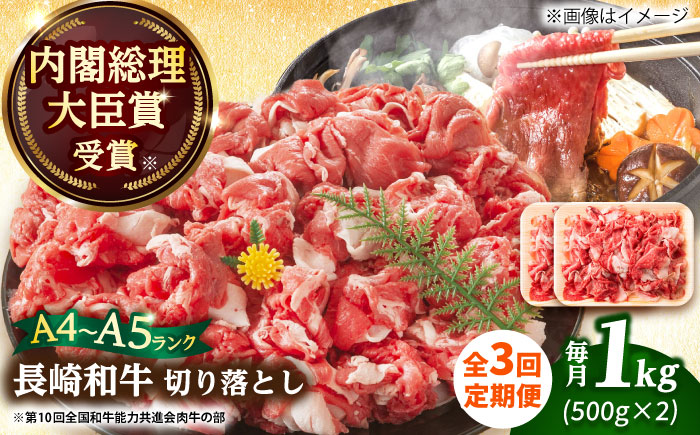 【全3回定期便】【A4～A5】長崎和牛切り落とし　1kg(500g×2p）【株式会社 MEAT PLUS】 切り落とし   [DBS054]