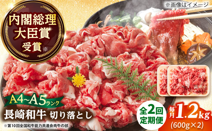 【全2回定期便】【A4～A5】長崎和牛切り落とし　1.2kg(600g×2p）【株式会社 MEAT PLUS】 切り落とし   [DBS057]