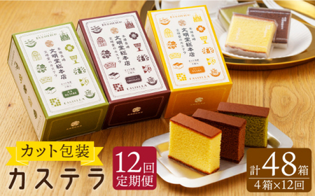 【全12回定期便】カット包装 カステラ「プレーン・抹茶・チョコ」計48箱（4箱入×12回）【文明堂総本店】 [QAU014] [QAU014]