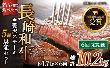 【全6回定期便】「希少部位 食べ比べ 」長崎和牛 贅沢 ステーキ 5種 堪能セット 計10.2kg （約1.7kg/回）【黒牛】 [QBD069] [QBD069]
