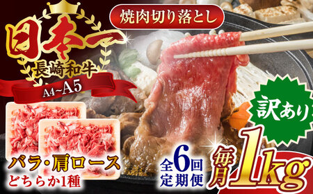 【全6回定期便】【訳あり】【A4～A5】長崎和牛焼肉切り落とし(肩ロース・バラ）　1kg（500g×2p）【株式会社 MEAT PLUS】 [QBS043] [QBS043]