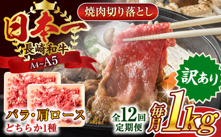 【全12回定期便】【訳あり】【A4～A5】長崎和牛焼肉切り落とし(肩ロース・バラ）　1kg（500g×2p）【株式会社 MEAT PLUS】 [QBS044] [QBS044]